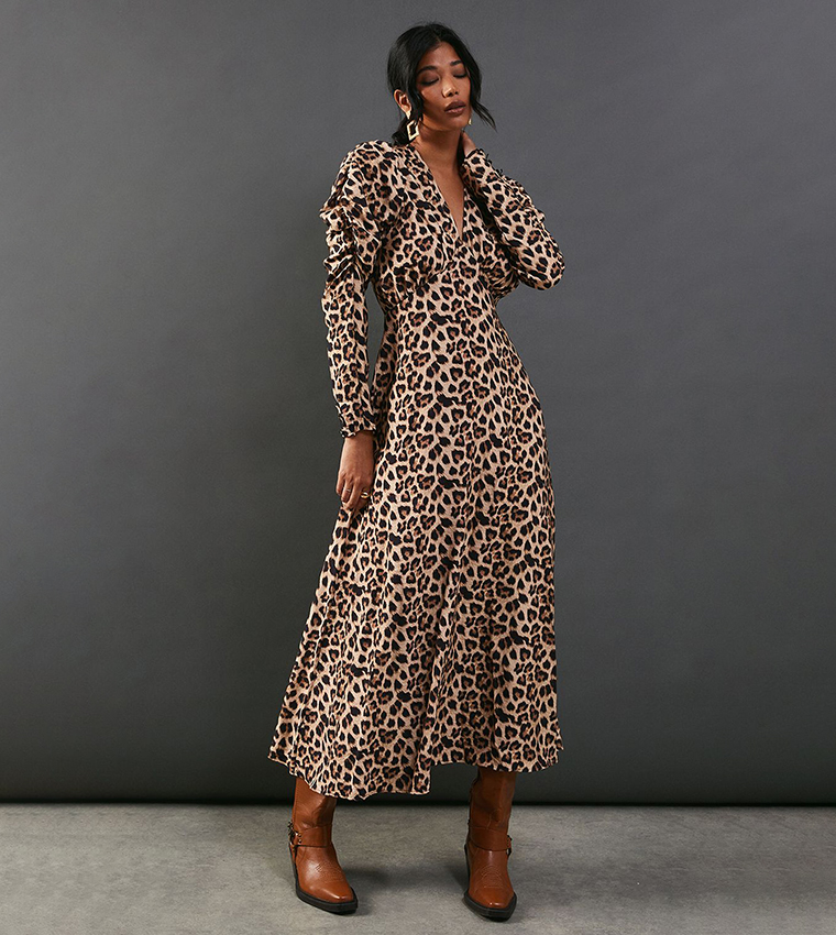 Leopard Printed V-Neck Puff Sleeves Midi Dress