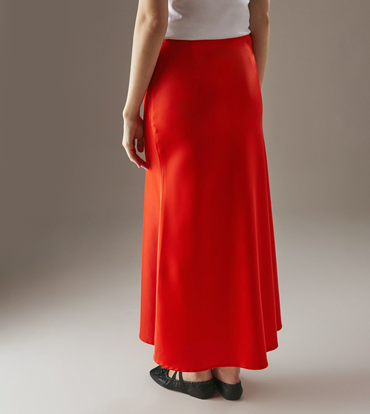 Halloween Orange - Elastic Waist Midi Skirt with Pockets
