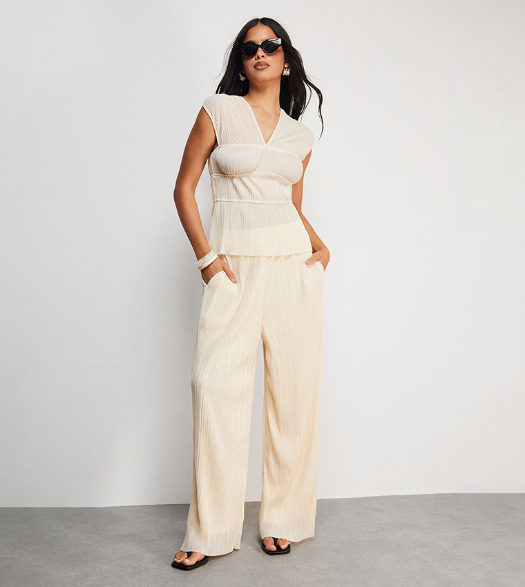 Textured Plisse High Waisted Wide Leg Trouser