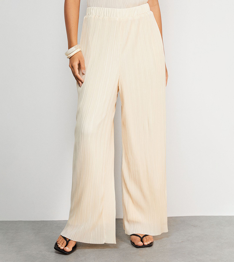 Textured Plisse High Waisted Wide Leg Trouser