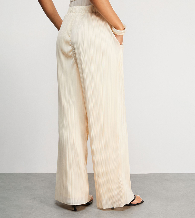 Textured Plisse High Waisted Wide Leg Trouser