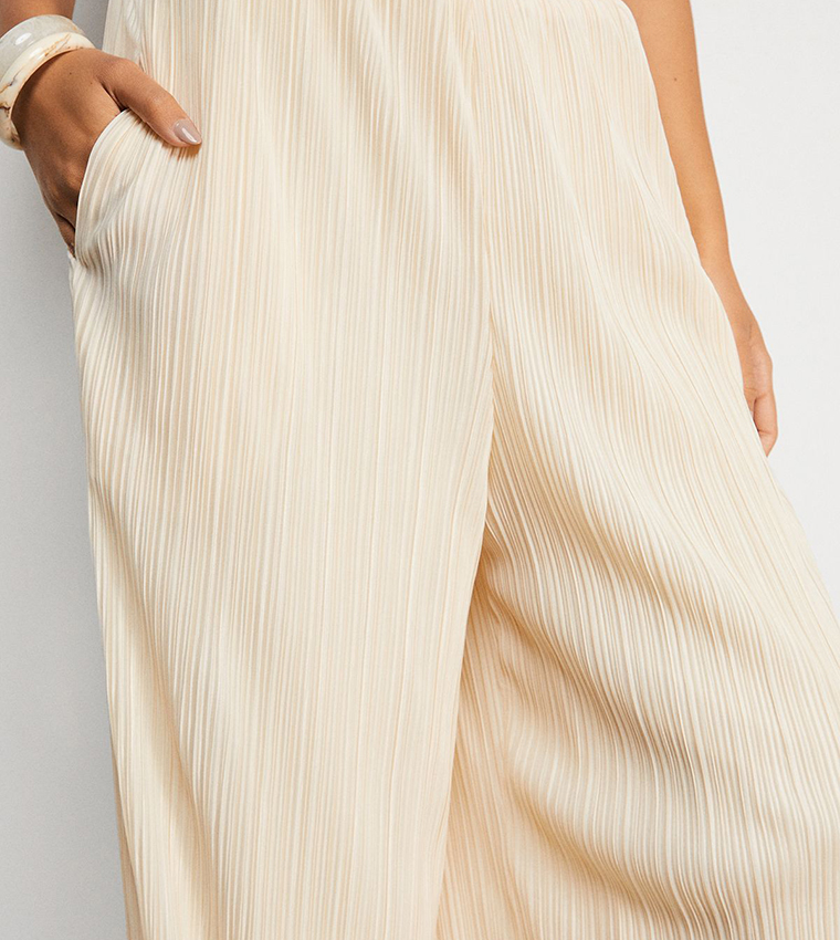 Textured Plisse High Waisted Wide Leg Trouser