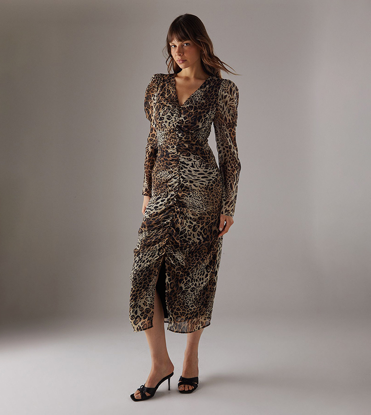 knee length dresses for ladies Rent Warehouse Leopard Print Cowl Slip Dress