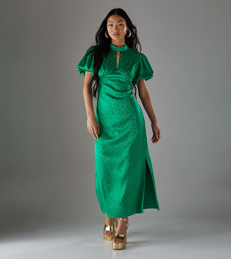 Petite Rose Satin Jacquard Puff Sleeves Tie Back Midi Dress
