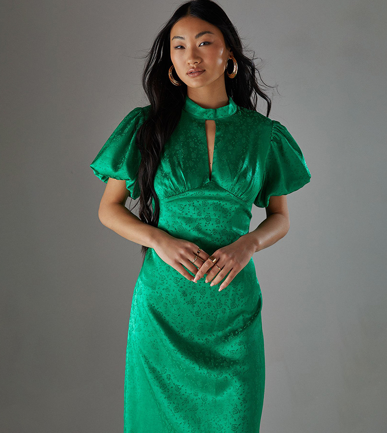 Petite Rose Satin Jacquard Puff Sleeves Tie Back Midi Dress