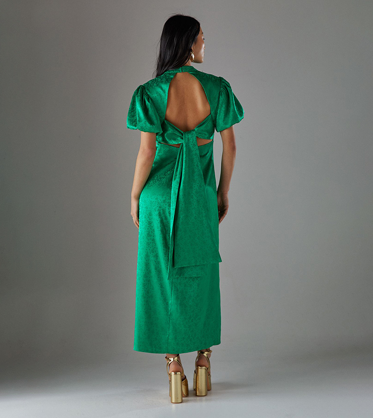 Petite Rose Satin Jacquard Puff Sleeves Tie Back Midi Dress