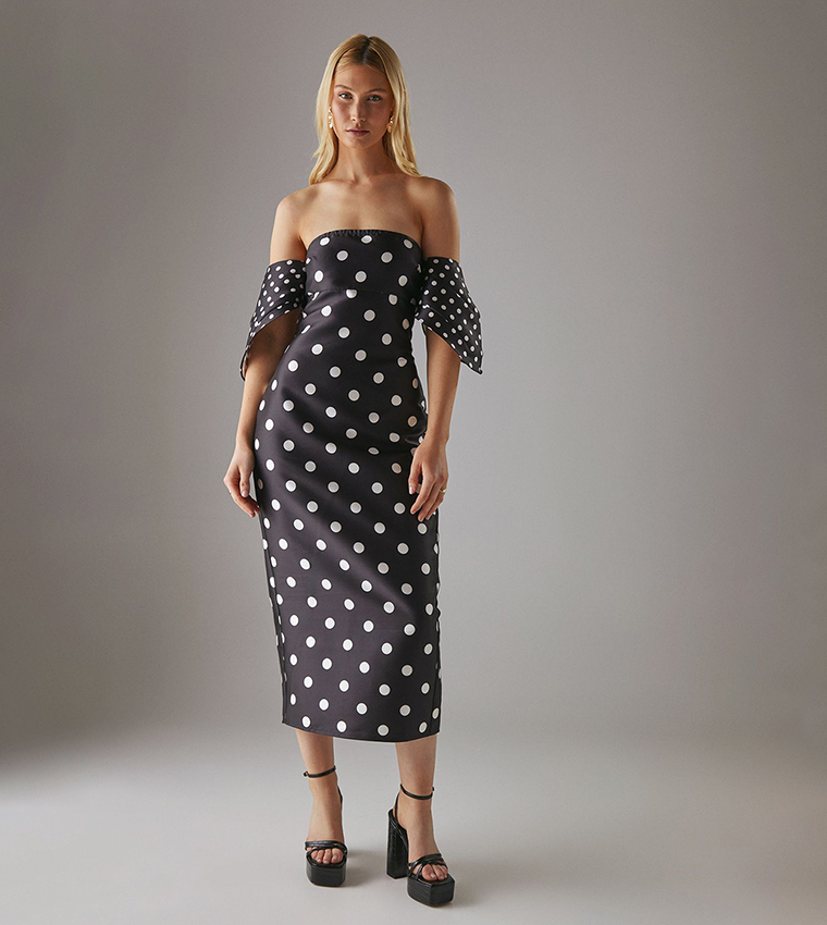 Buy Warehouse Polka Dots Structured Puff Sleeves Off Shoulder Midi