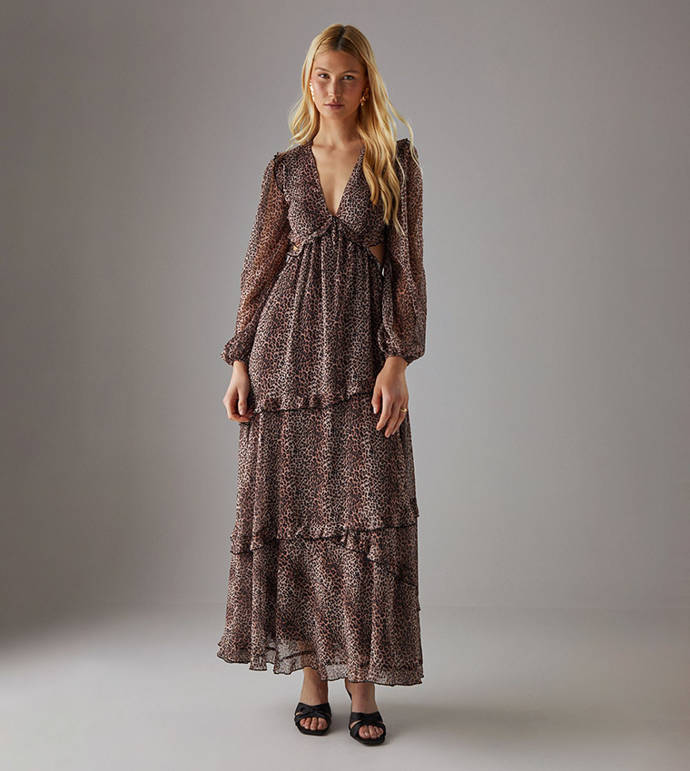 Chiffon Cut Out Waist Ruffled Maxi Dress