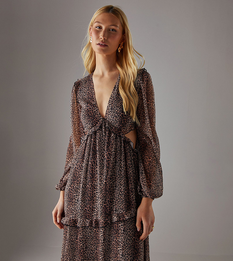 Chiffon Cut Out Waist Ruffled Maxi Dress