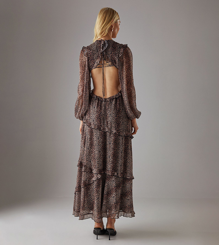 Chiffon Cut Out Waist Ruffled Maxi Dress