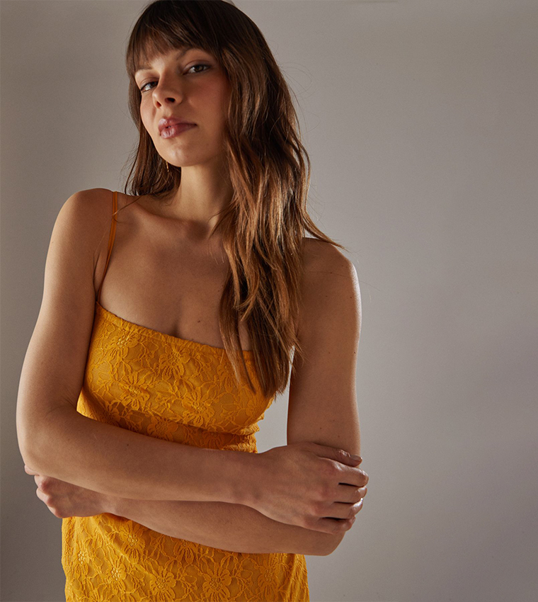 Buy Warehouse Lace Strappy Drop Waist Ruffle Midi Dress In Orange |  6thstreet Qatar