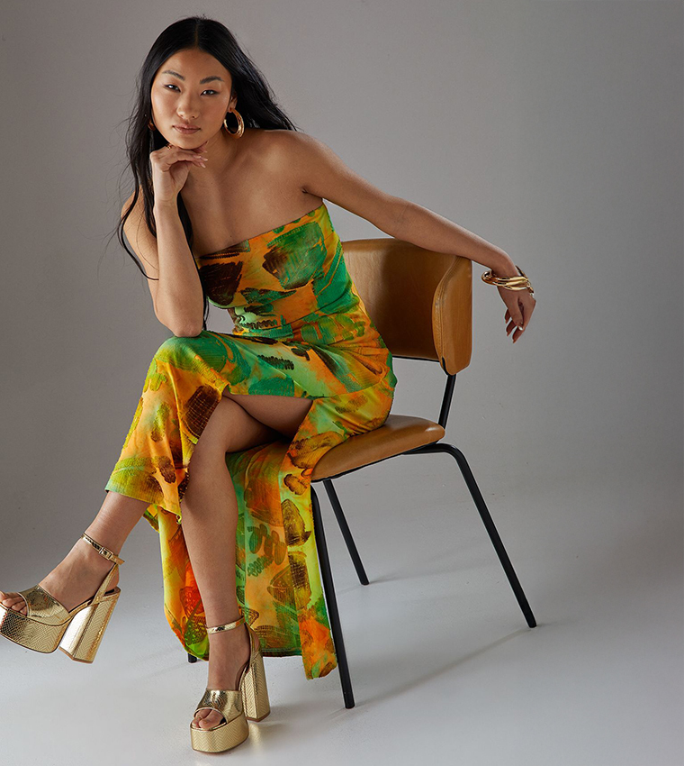 Petite Printed Burnout Strapless Maxi Dress