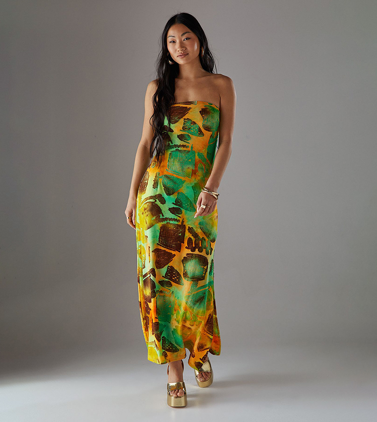 Petite Printed Burnout Strapless Maxi Dress