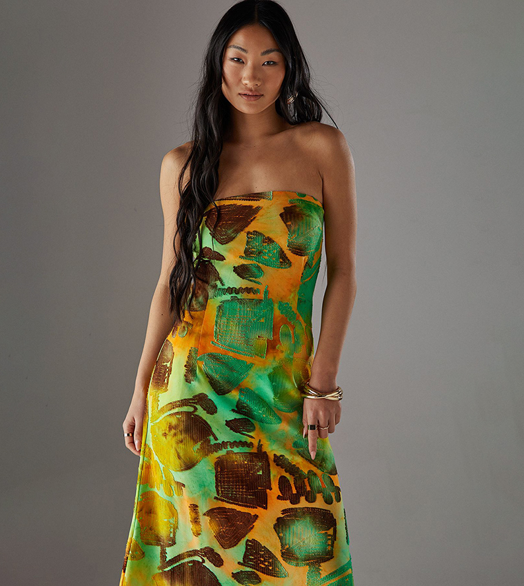 Petite Printed Burnout Strapless Maxi Dress