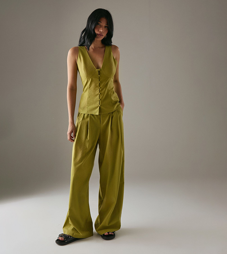 Pleat Detail Linen Blend Tailored Trousers