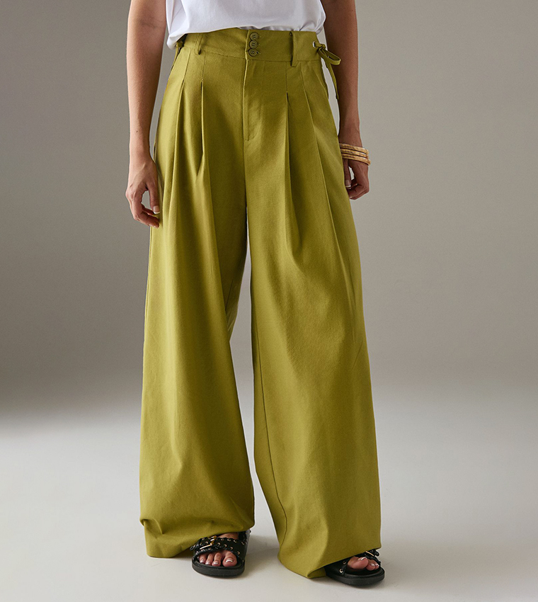 Pleat Detail Linen Blend Tailored Trousers