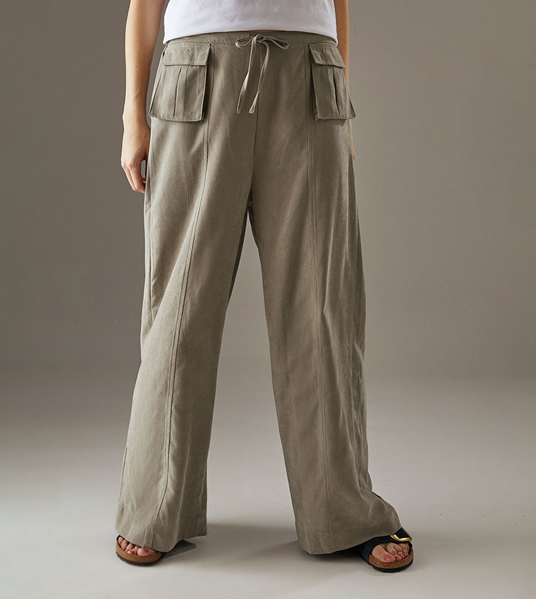 Drawstring Waist Utility Pocket Wide Leg Trousers