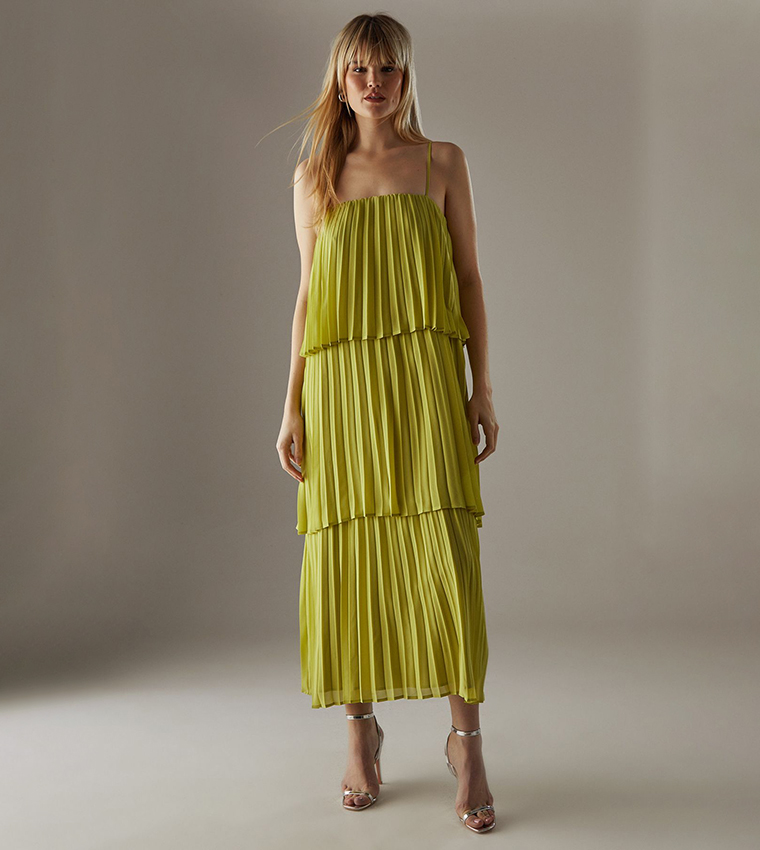 Buy Warehouse Chiffon Pleated Tier Strappy Midi Dress In Yellow