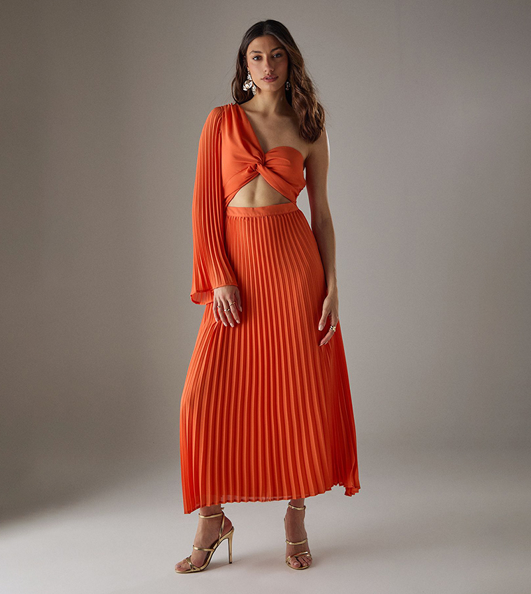 Chiffon Pleated One Shoulder Cut Out Midi Dress
