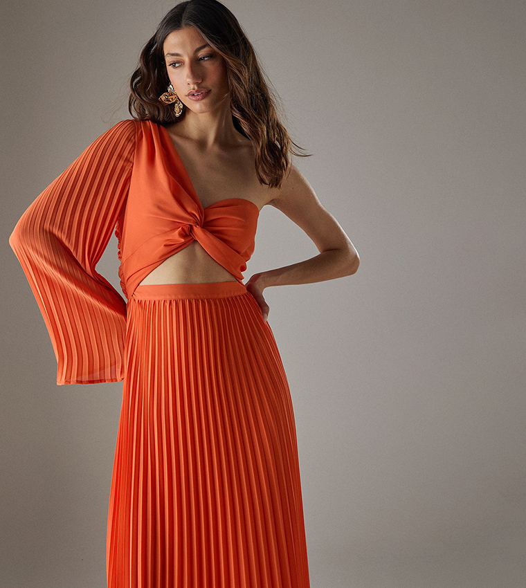 Chiffon Pleated One Shoulder Cut Out Midi Dress