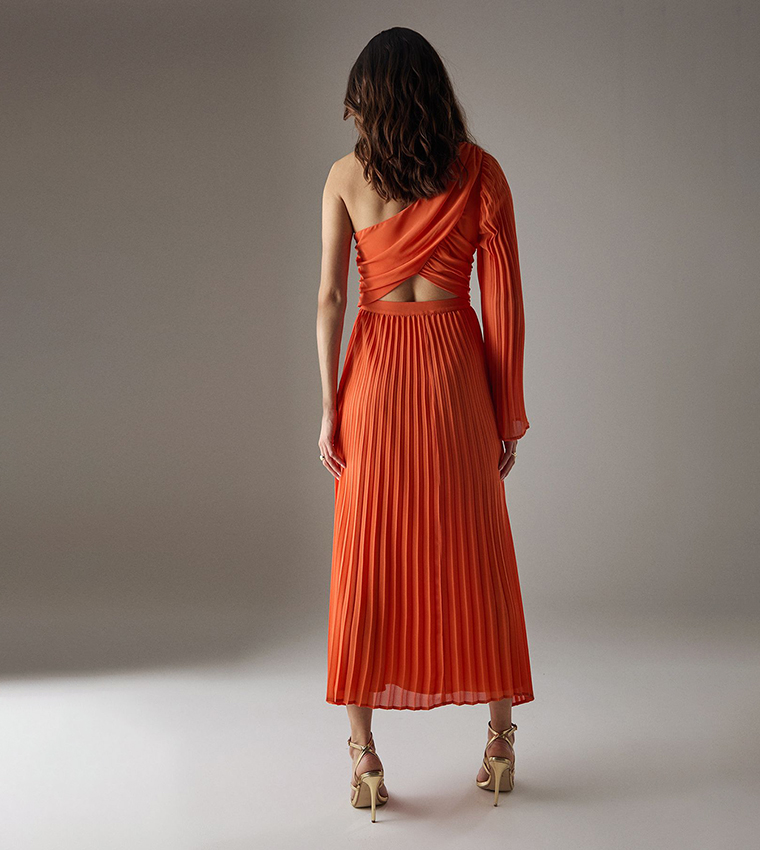 Chiffon Pleated One Shoulder Cut Out Midi Dress