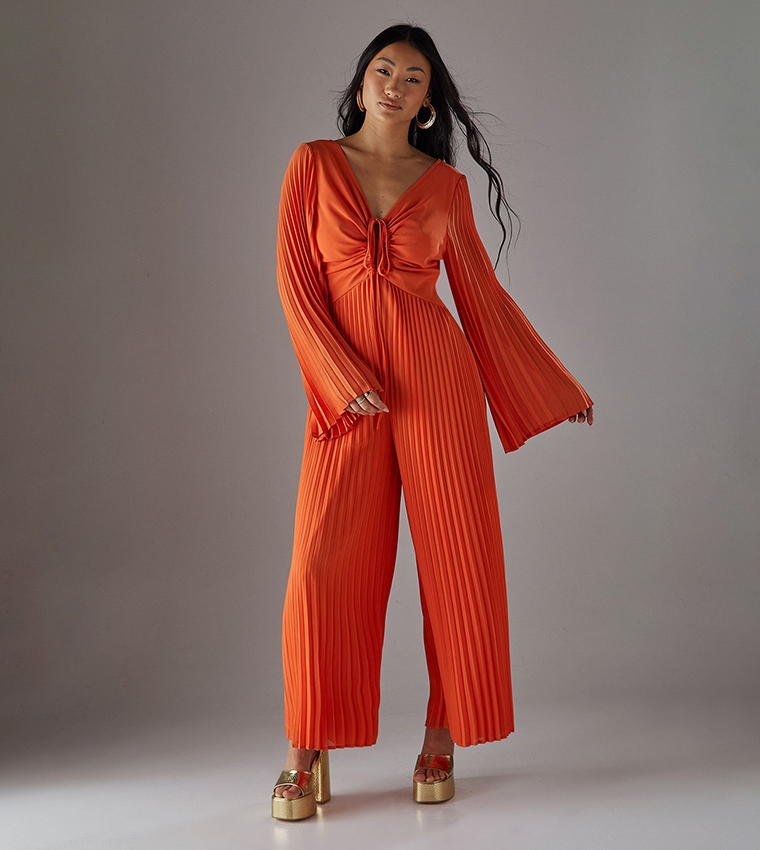 Buy Warehouse Petite Chiffon Pleated Flared Sleeves Jumpsuit In