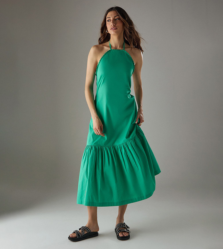 Buy Warehouse Poplin Crochet Trim Drop Waist Midi Sundress In Green