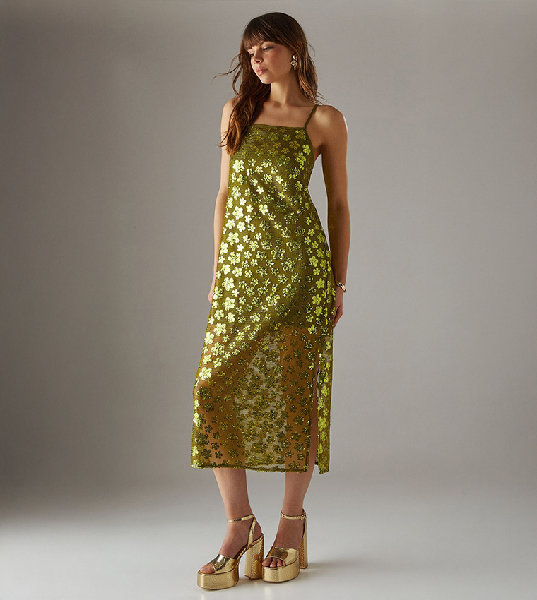 Sequined Mesh Strappy Midi Dress
