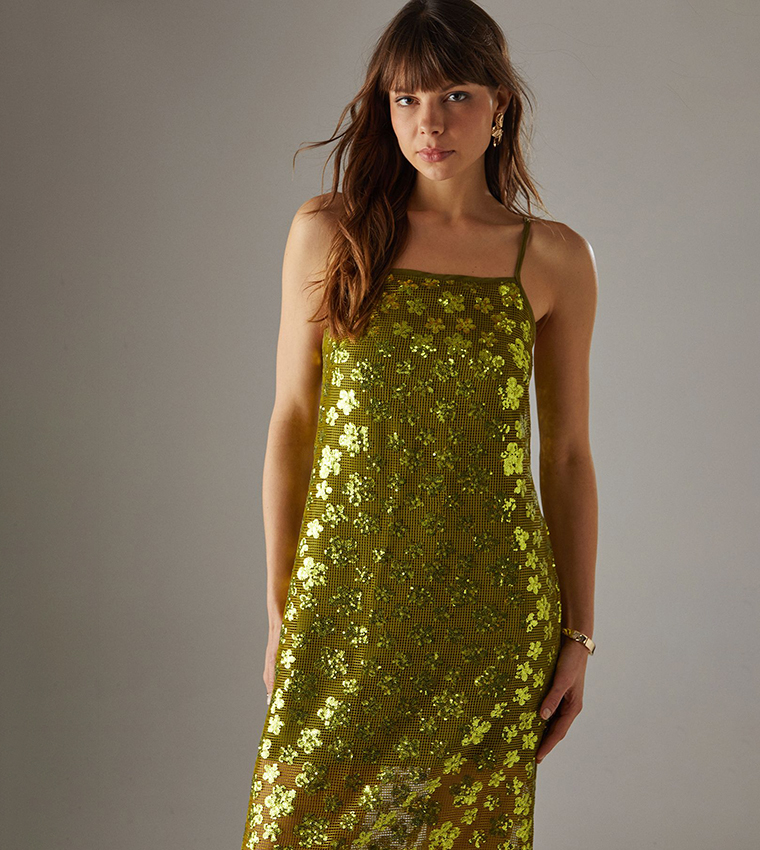 Sequined Mesh Strappy Midi Dress