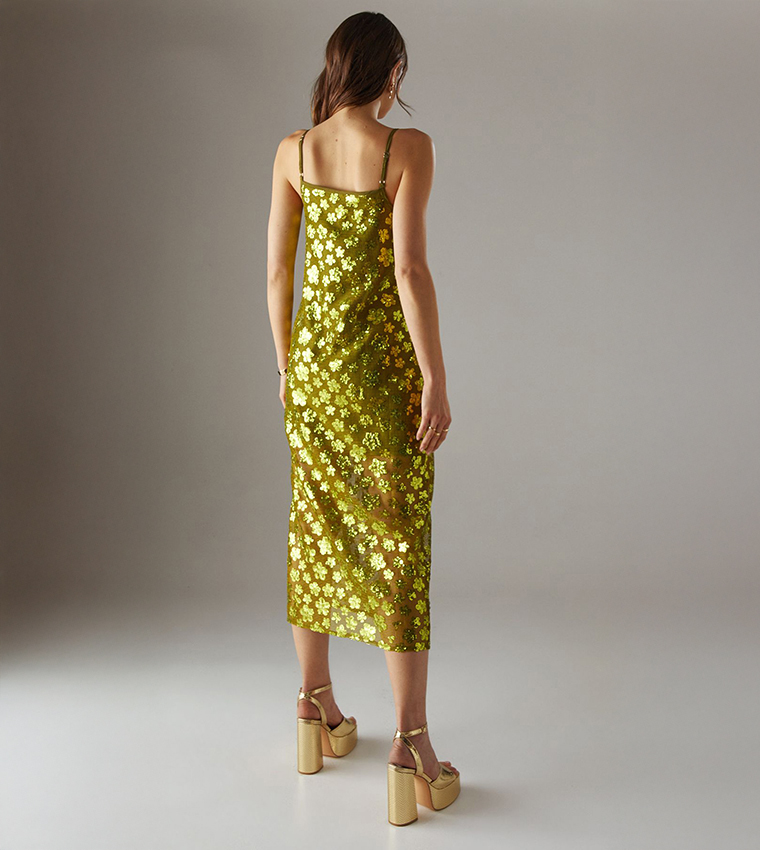 Sequined Mesh Strappy Midi Dress