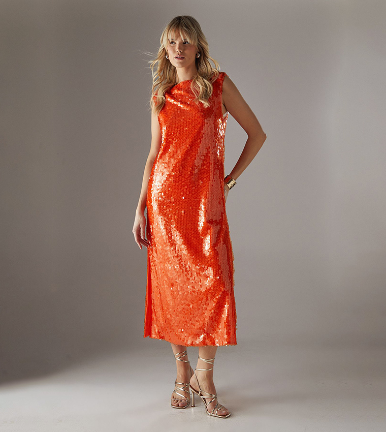 Sequined Shoulder Pad Sleeveless Column Midi Dress