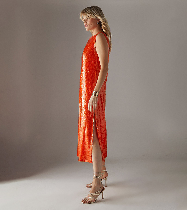 Sequined Shoulder Pad Sleeveless Column Midi Dress