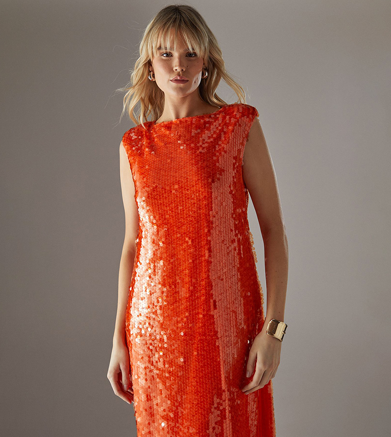 Sequined Shoulder Pad Sleeveless Column Midi Dress
