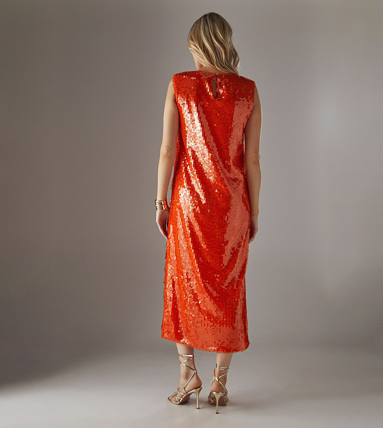 Sequined Shoulder Pad Sleeveless Column Midi Dress