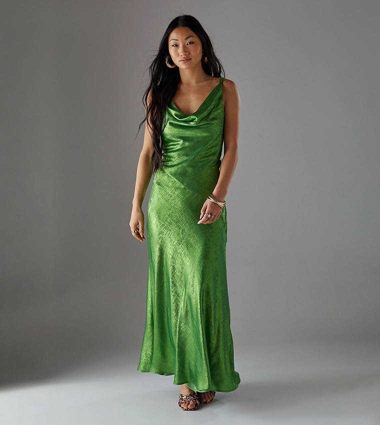 green emerald velvet dress Solid Color Satin Slip Dress IFAUN Green / S