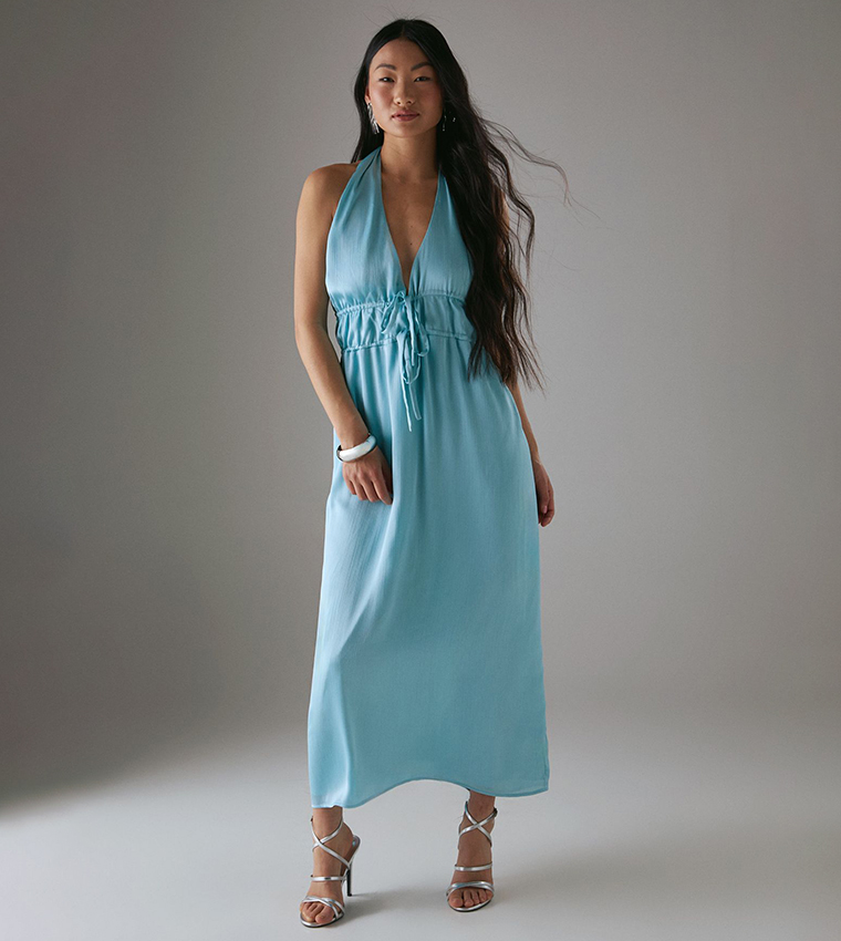 Petite Crinkle Halter Drawstring Waist Bias Midi Dress