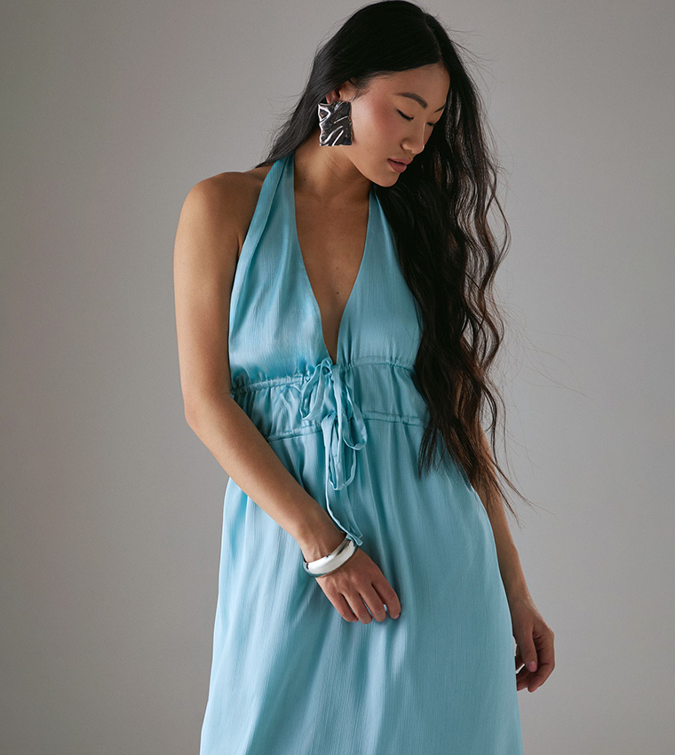 Petite Crinkle Halter Drawstring Waist Bias Midi Dress