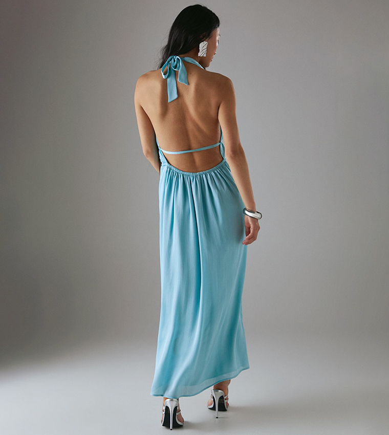 Petite Crinkle Halter Drawstring Waist Bias Midi Dress