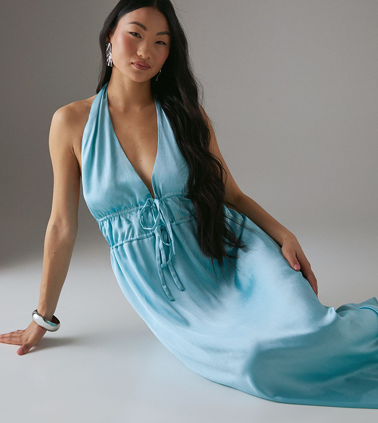 Petite Crinkle Halter Drawstring Waist Bias Midi Dress