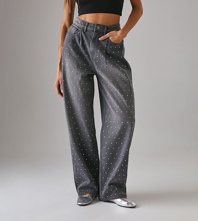 Embellished High Waist Boyfriend Fit Jeans