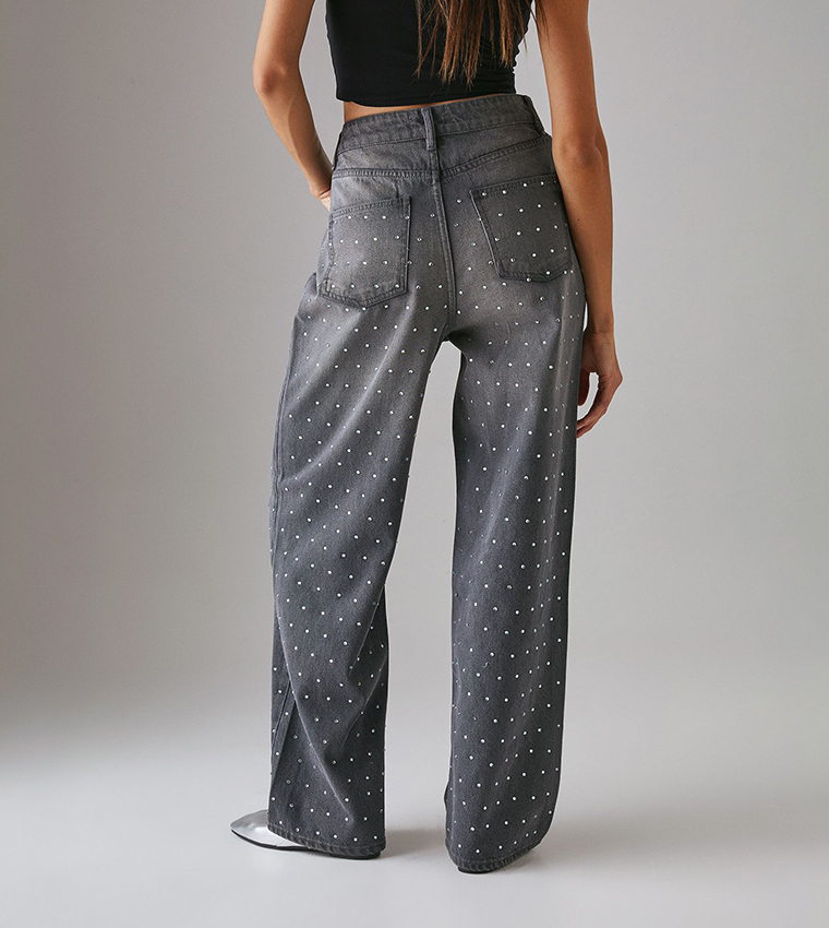Embellished High Waist Boyfriend Fit Jeans