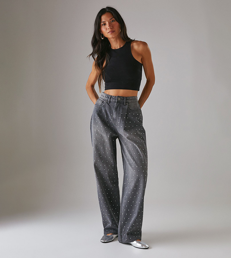 Embellished High Waist Boyfriend Fit Jeans