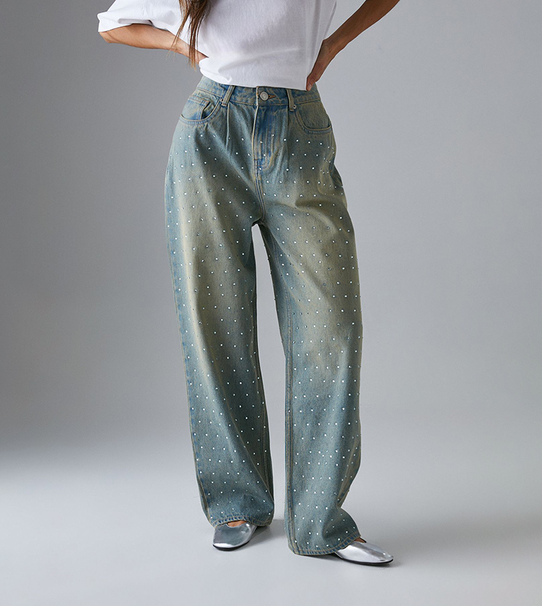 Embellished High Waist Boyfriend Fit Jeans