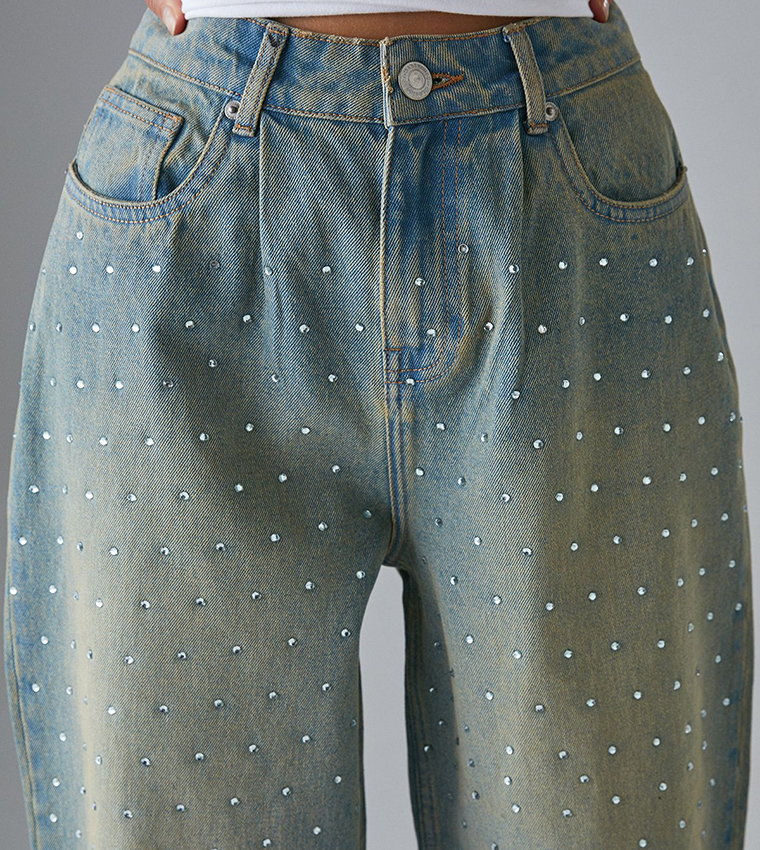 Embellished High Waist Boyfriend Fit Jeans