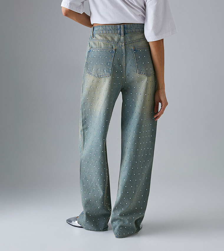 Embellished High Waist Boyfriend Fit Jeans