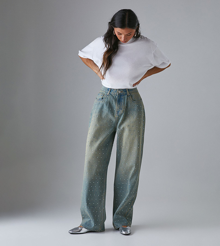 Embellished High Waist Boyfriend Fit Jeans