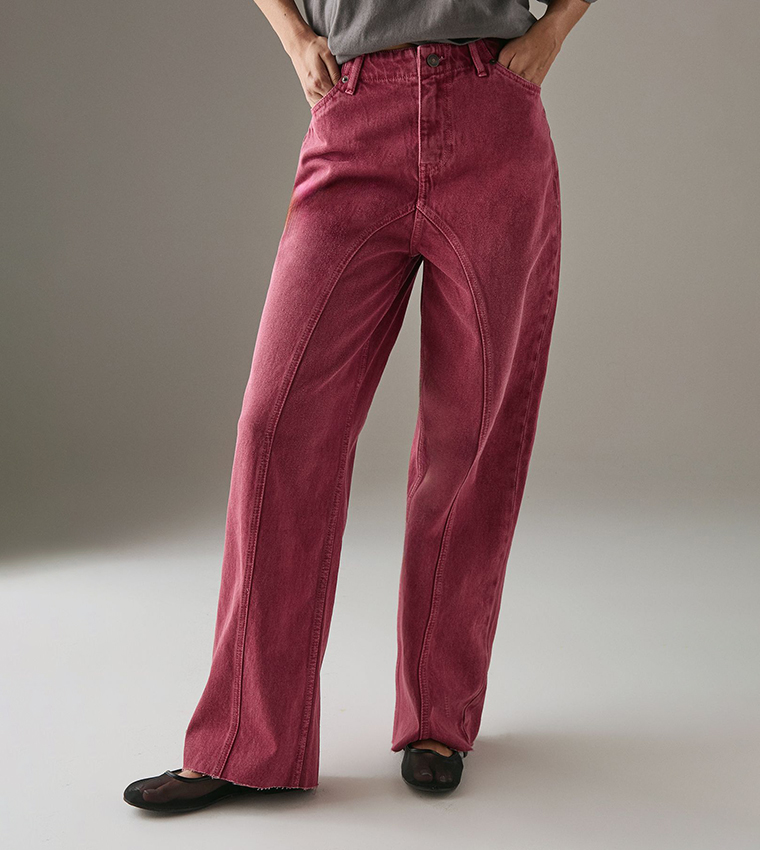 Washed Raw Waist Seam Detail Dad Jeans