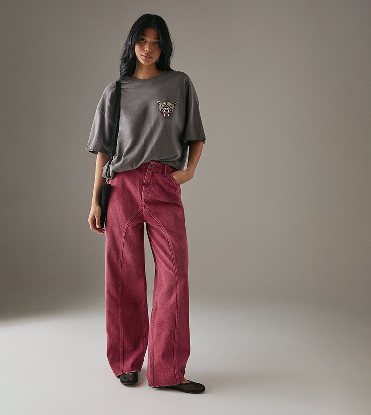 Washed Raw Waist Seam Detail Dad Jeans