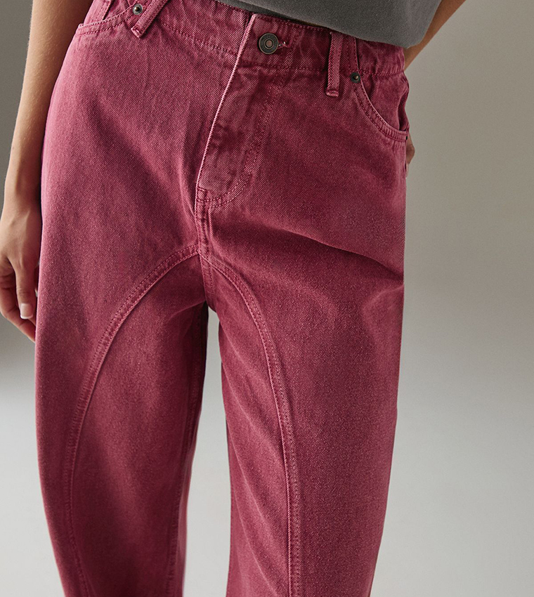 Washed Raw Waist Seam Detail Dad Jeans