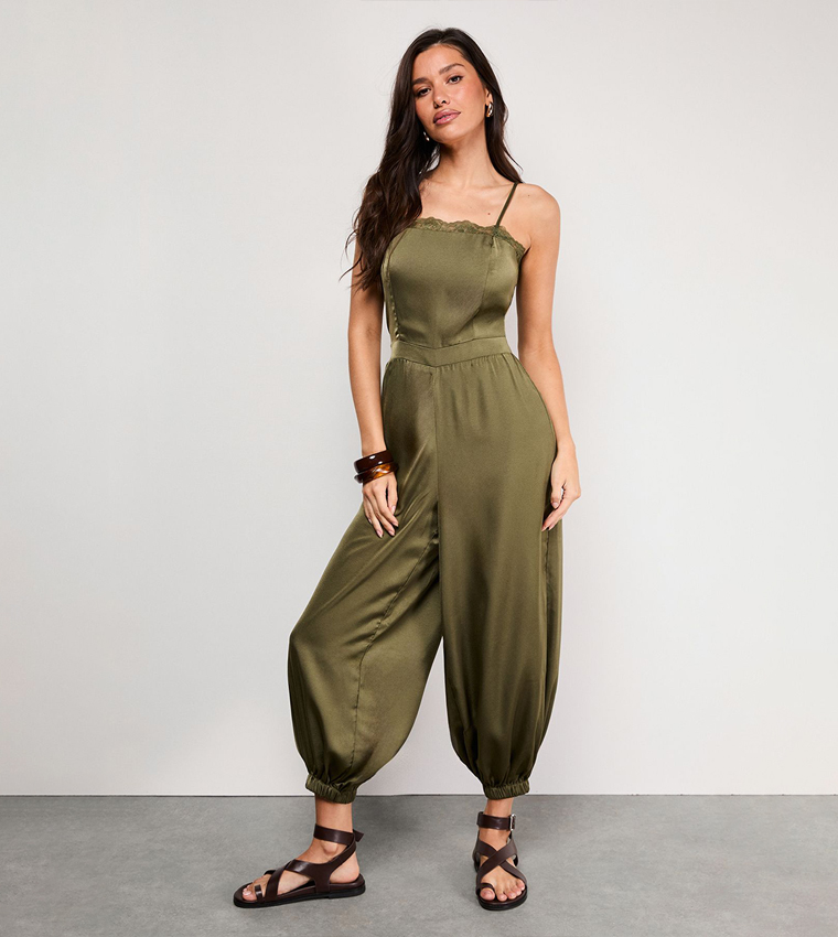 Buy Warehouse Petite Satin Lace Trim Elasticated Cuff Strappy